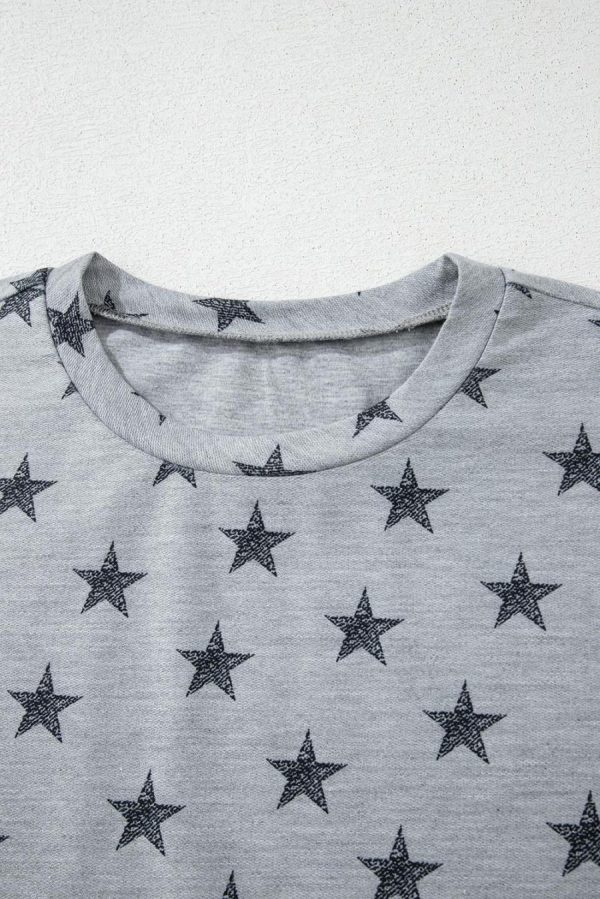 Women T Shirts | Gray Star Print Tiered Ruffle Sleeve Crew Neck T Shirt - Image 4
