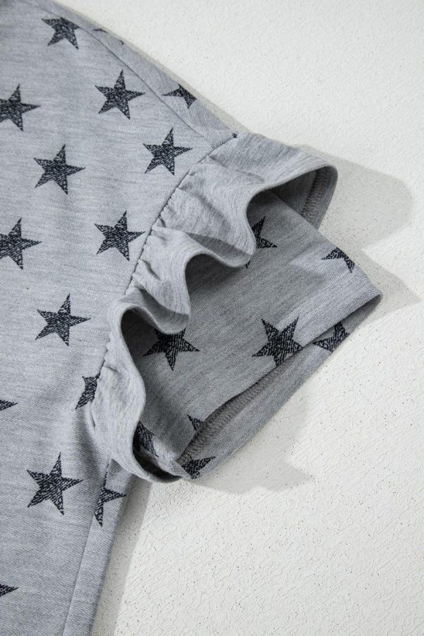 Women T Shirts | Gray Star Print Tiered Ruffle Sleeve Crew Neck T Shirt - Image 5