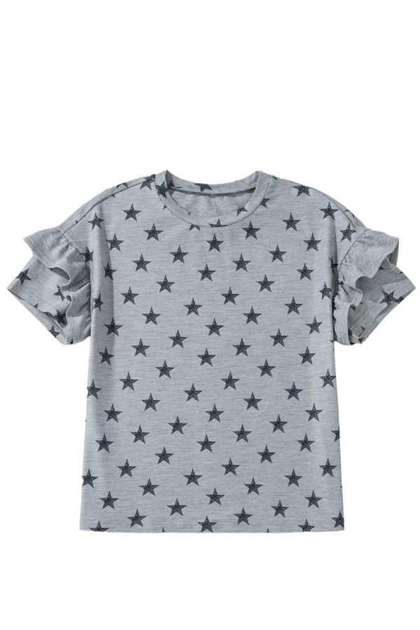 Women T Shirts | Gray Star Print Tiered Ruffle Sleeve Crew Neck T Shirt - Image 7