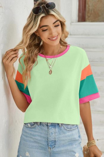 Women T Shirts | Green Color Block Sleeve Round Neck Oversize Top