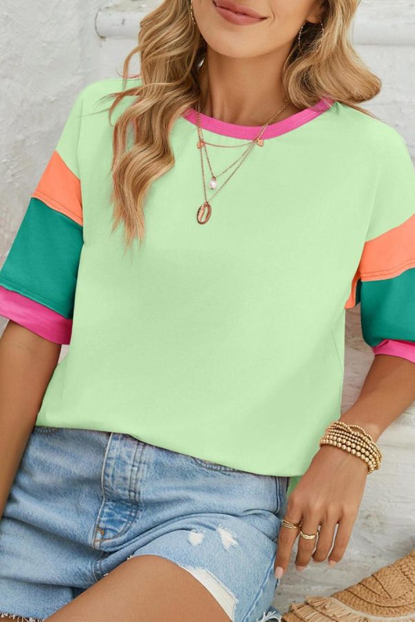 Women T Shirts | Green Color Block Sleeve Round Neck Oversize Top - Image 3