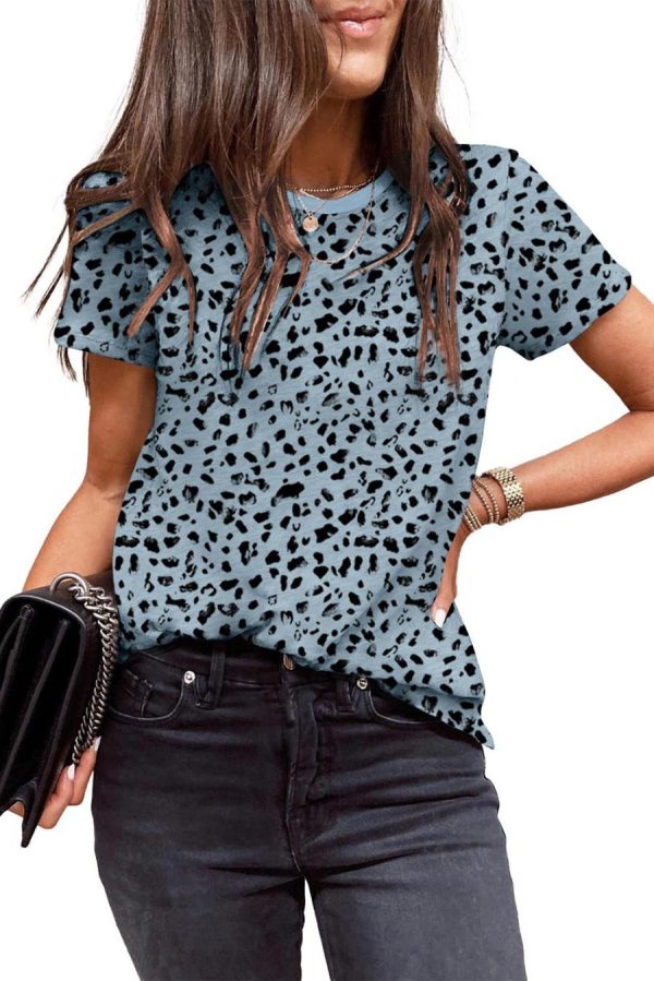 Women T Shirts | Grey Cheetah Print Casual Crew Neck T Shirt - Image 6