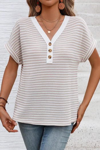 Women T Shirts | Khaki Striped Button Front V Neck Knitted Top