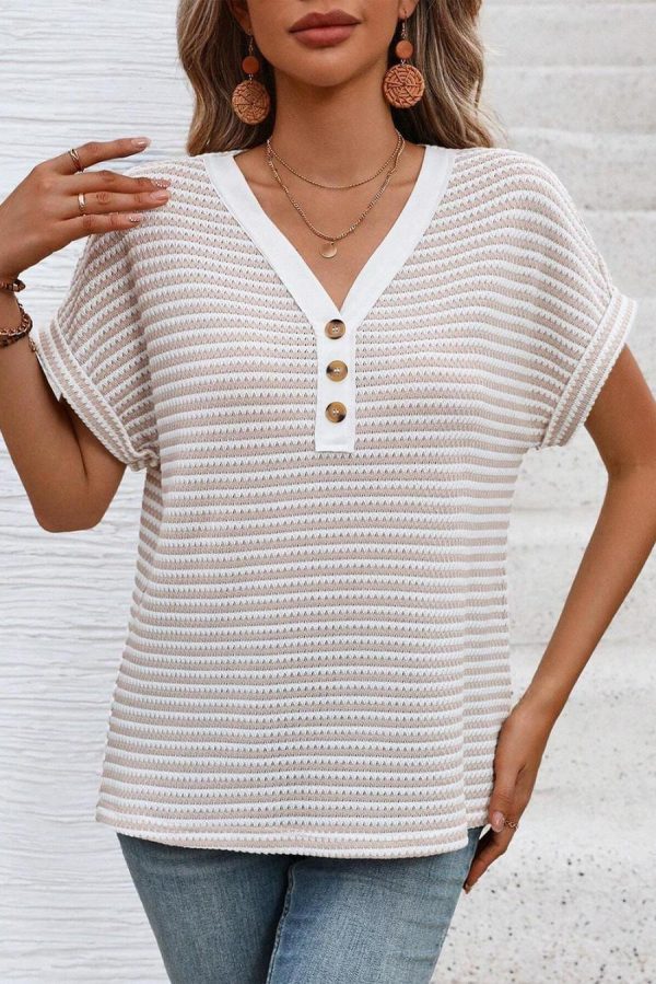 Women T Shirts | Khaki Striped Button Front V Neck Knitted Top - Image 2