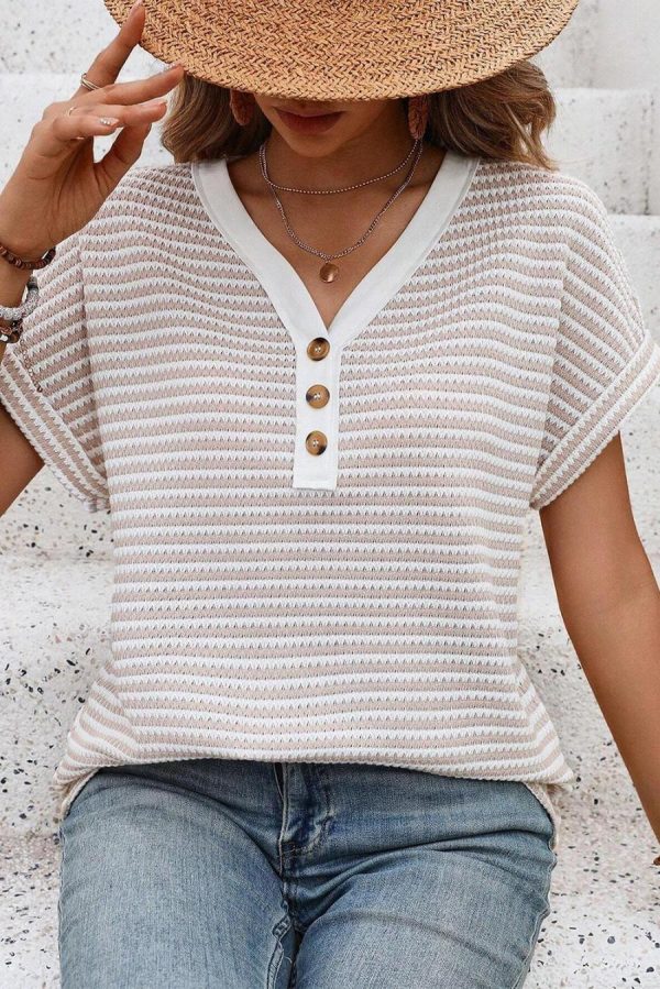 Women T Shirts | Khaki Striped Button Front V Neck Knitted Top - Image 3