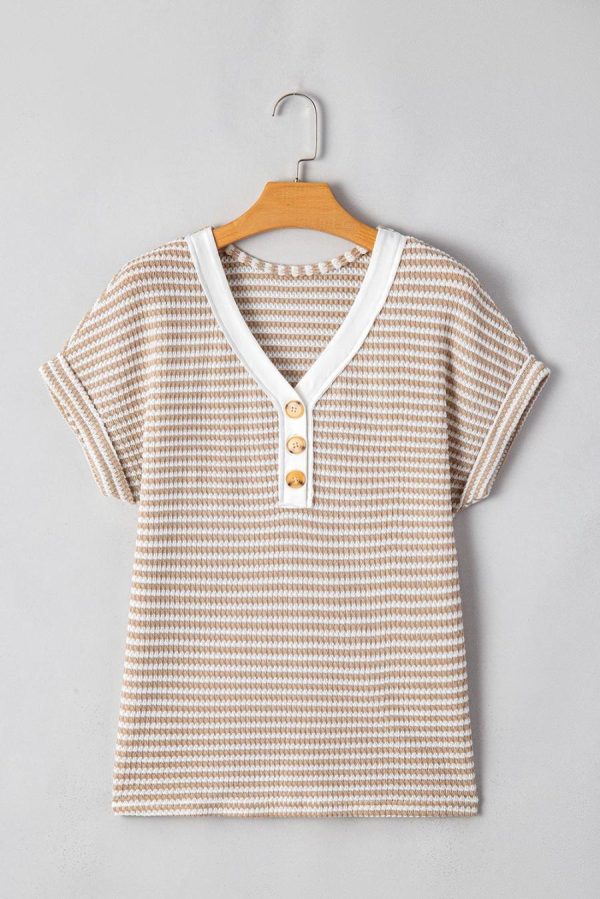 Women T Shirts | Khaki Striped Button Front V Neck Knitted Top - Image 4