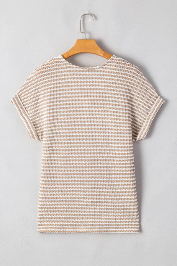 Women T Shirts | Khaki Striped Button Front V Neck Knitted Top - Image 5