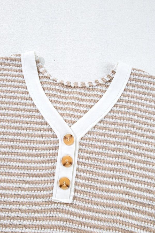 Women T Shirts | Khaki Striped Button Front V Neck Knitted Top - Image 6