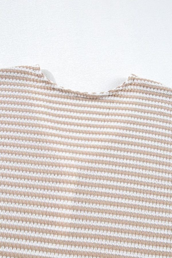 Women T Shirts | Khaki Striped Button Front V Neck Knitted Top - Image 7
