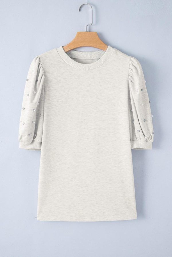 Women T Shirts | Light Grey Rhinestone Pearl Puff Sleeve Plain Top - Image 4