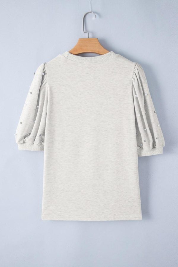 Women T Shirts | Light Grey Rhinestone Pearl Puff Sleeve Plain Top - Image 5