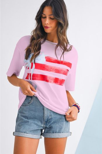 Women T Shirts | Light Pink Flag Bow Graphic Crewneck Tee