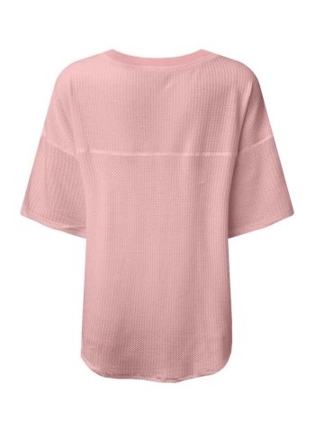 Women T Shirts | Light Pink Waffle Texture V Neck Drop Shoulder Loose Tee