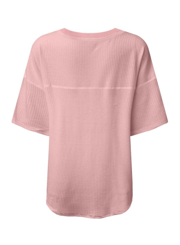 Women T Shirts | Light Pink Waffle Texture V Neck Drop Shoulder Loose Tee