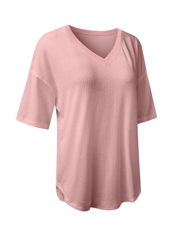 Women T Shirts | Light Pink Waffle Texture V Neck Drop Shoulder Loose Tee - Image 2