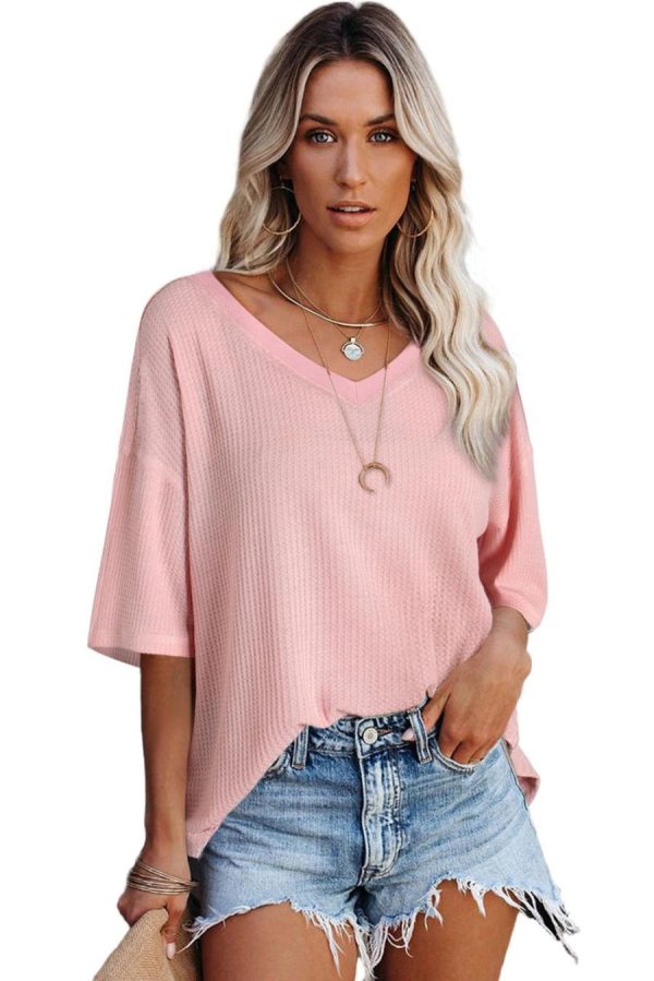 Women T Shirts | Light Pink Waffle Texture V Neck Drop Shoulder Loose Tee - Image 3