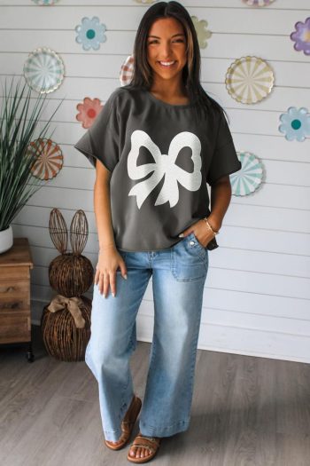 Women T Shirts | Medium Grey Bow Pattern Raw Edge Drop Shoulder Casual T Shirt