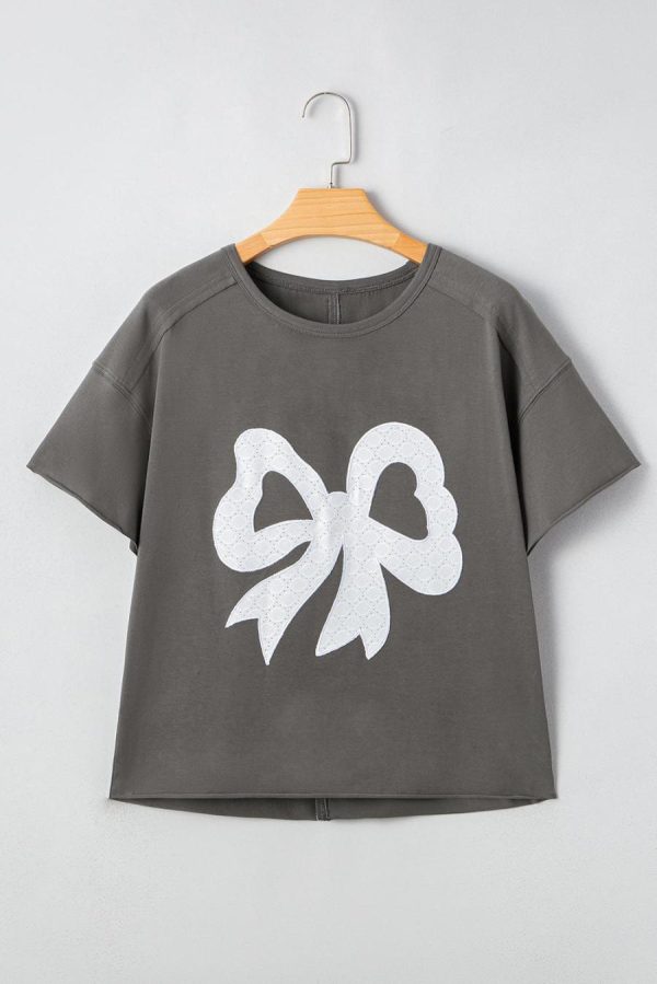Women T Shirts | Medium Grey Bow Pattern Raw Edge Drop Shoulder Casual T Shirt - Image 2