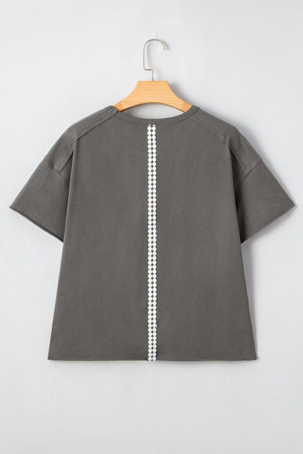 Women T Shirts | Medium Grey Bow Pattern Raw Edge Drop Shoulder Casual T Shirt - Image 3