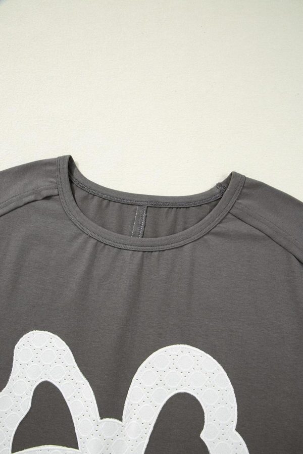 Women T Shirts | Medium Grey Bow Pattern Raw Edge Drop Shoulder Casual T Shirt - Image 4