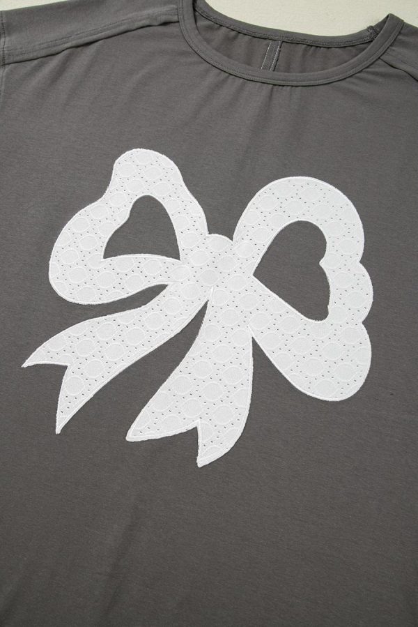 Women T Shirts | Medium Grey Bow Pattern Raw Edge Drop Shoulder Casual T Shirt - Image 5