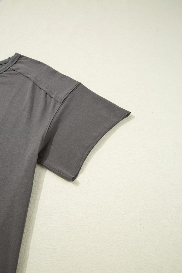 Women T Shirts | Medium Grey Bow Pattern Raw Edge Drop Shoulder Casual T Shirt - Image 6