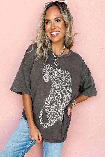 Women T Shirts | Medium Grey Vintage Cheetah Print Mineral Washed Tee