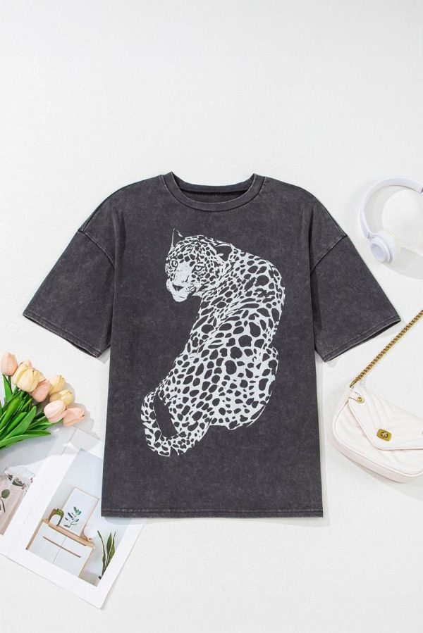 Women T Shirts | Medium Grey Vintage Cheetah Print Mineral Washed Tee - Image 4
