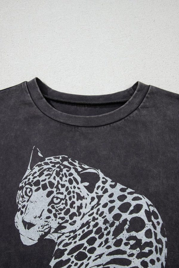 Women T Shirts | Medium Grey Vintage Cheetah Print Mineral Washed Tee - Image 6