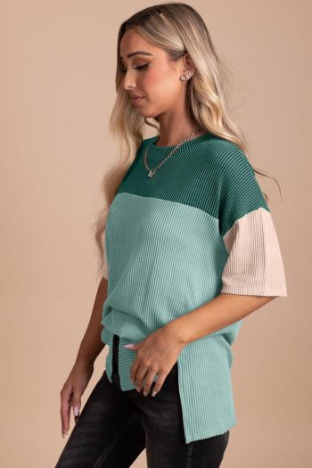 Women T Shirts | Mint Green Color Block Ribbed Side Slits Half Sleeve Top