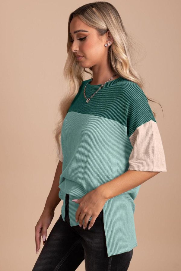Women T Shirts | Mint Green Color Block Ribbed Side Slits Half Sleeve Top