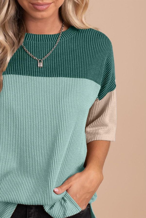Women T Shirts | Mint Green Color Block Ribbed Side Slits Half Sleeve Top - Image 2
