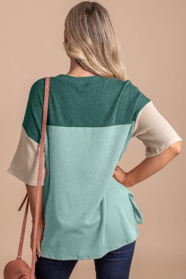 Women T Shirts | Mint Green Color Block Ribbed Side Slits Half Sleeve Top - Image 3
