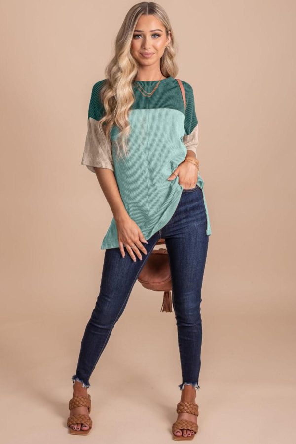 Women T Shirts | Mint Green Color Block Ribbed Side Slits Half Sleeve Top - Image 4