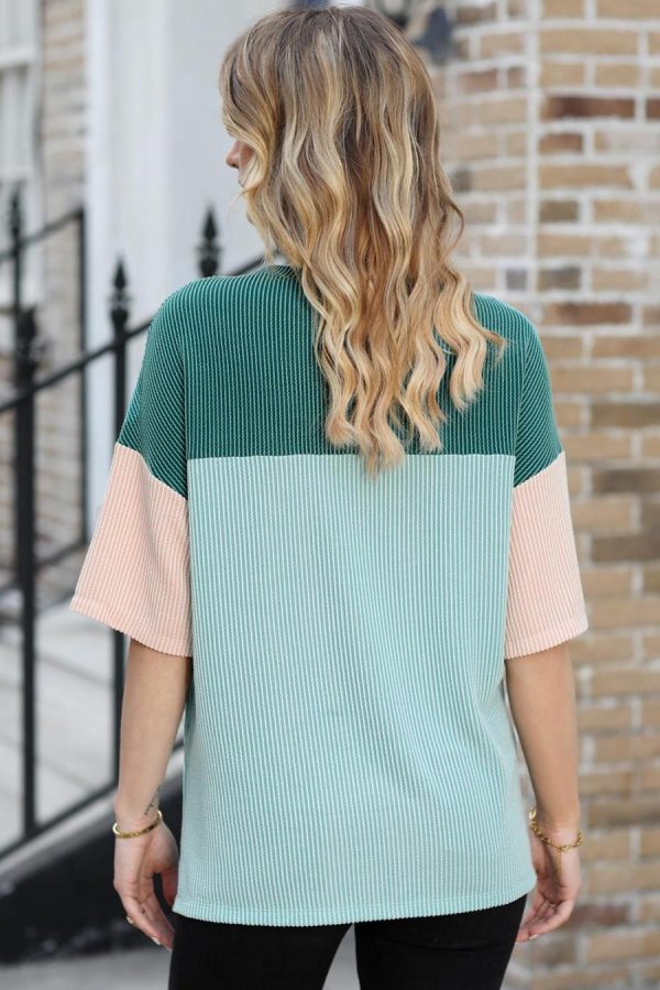 Women T Shirts | Mint Green Color Block Ribbed Side Slits Half Sleeve Top - Image 6
