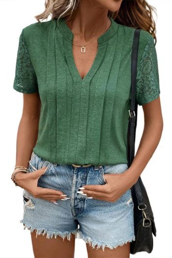 Women T Shirts | Mist Green Lace Patchwork Sleeve Pleated V Neck T Shirt