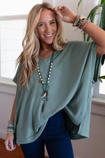 Women T Shirts | Moonlight Jade Oversized Ribbed Knit V Neck Short Sleeve Top