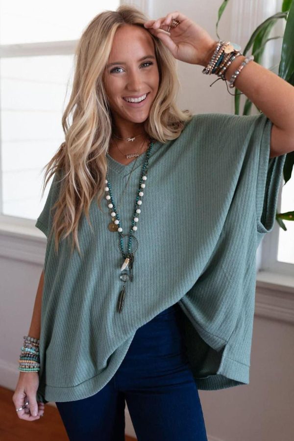 Women T Shirts | Moonlight Jade Oversized Ribbed Knit V Neck Short Sleeve Top