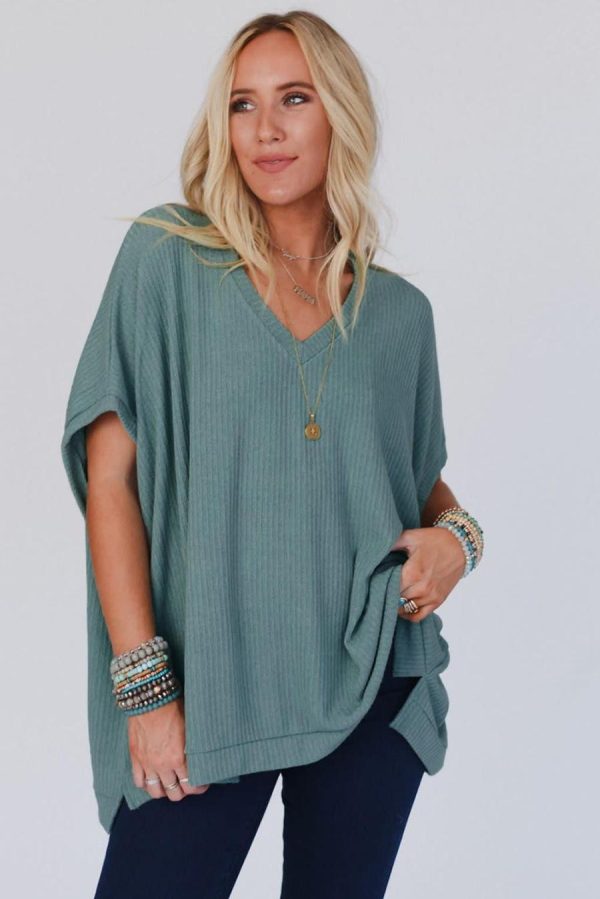 Women T Shirts | Moonlight Jade Oversized Ribbed Knit V Neck Short Sleeve Top - Image 2