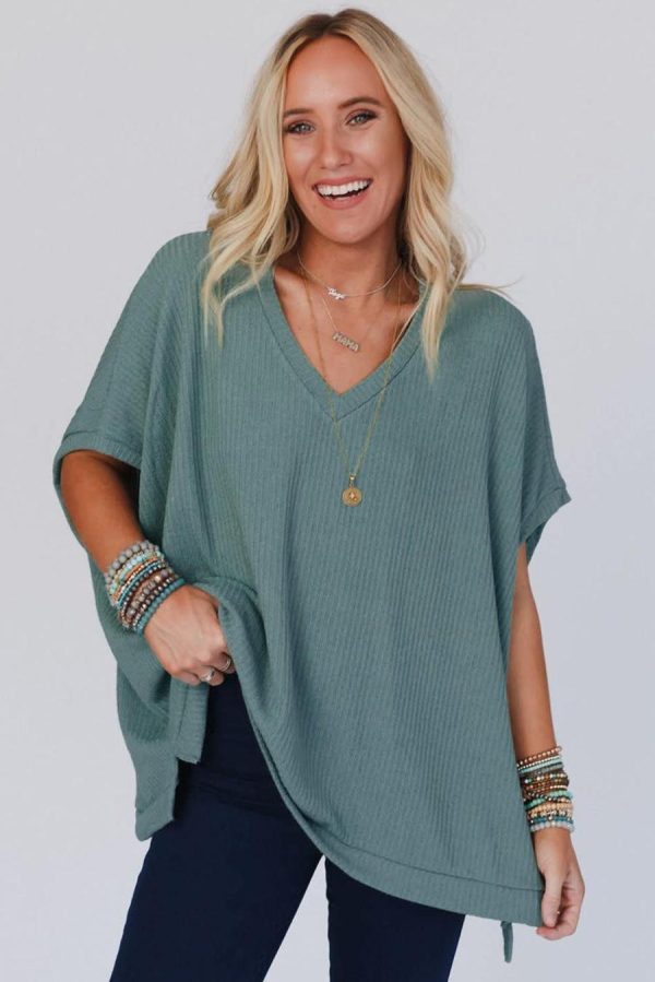Women T Shirts | Moonlight Jade Oversized Ribbed Knit V Neck Short Sleeve Top - Image 3