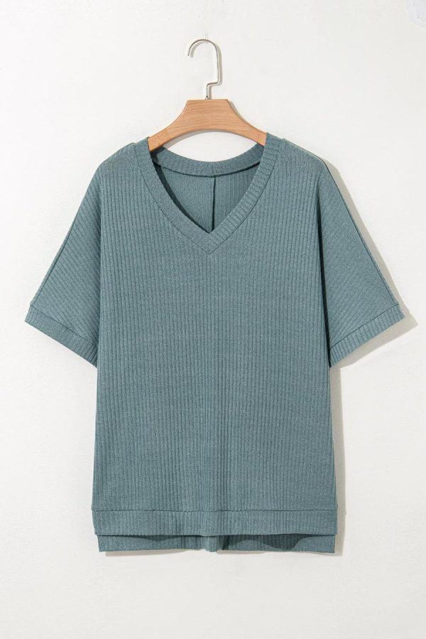 Women T Shirts | Moonlight Jade Oversized Ribbed Knit V Neck Short Sleeve Top - Image 4