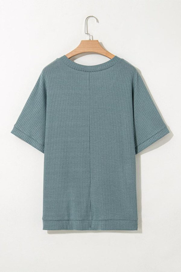 Women T Shirts | Moonlight Jade Oversized Ribbed Knit V Neck Short Sleeve Top - Image 5