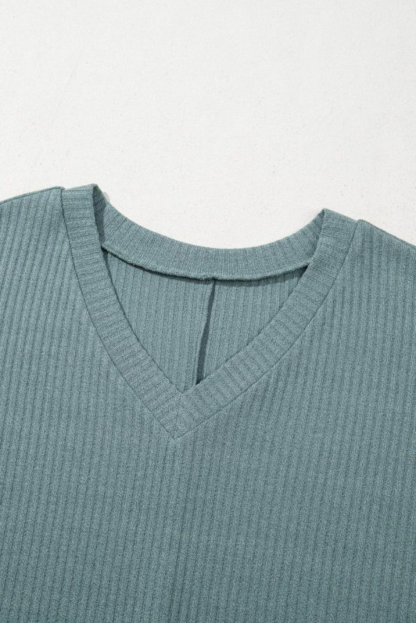 Women T Shirts | Moonlight Jade Oversized Ribbed Knit V Neck Short Sleeve Top - Image 6