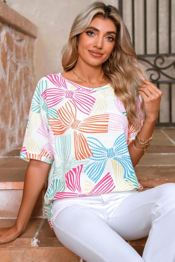 Women T Shirts | Multicolour Bowknot Print Waffle Loose Tee - Image 3