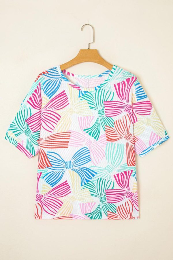 Women T Shirts | Multicolour Bowknot Print Waffle Loose Tee - Image 5