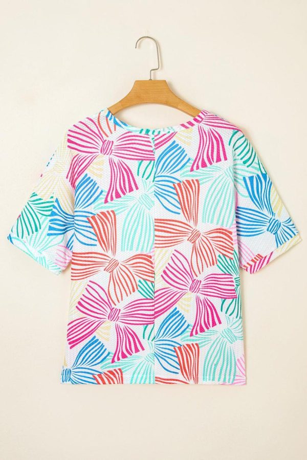 Women T Shirts | Multicolour Bowknot Print Waffle Loose Tee - Image 6