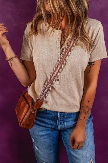 Women T Shirts | Oatmeal Short Sleeve Half Button Ribbed Top