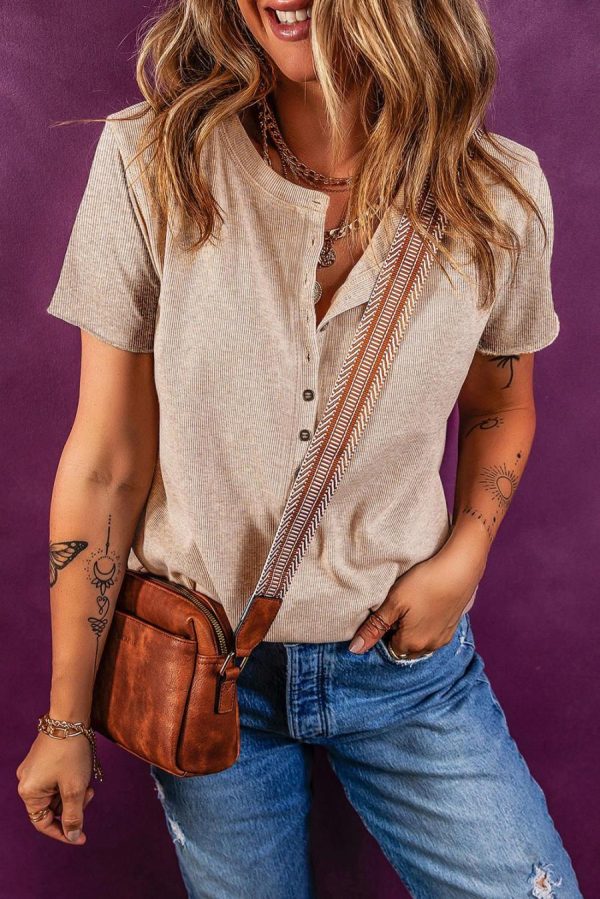 Women T Shirts | Oatmeal Short Sleeve Half Button Ribbed Top - Image 2