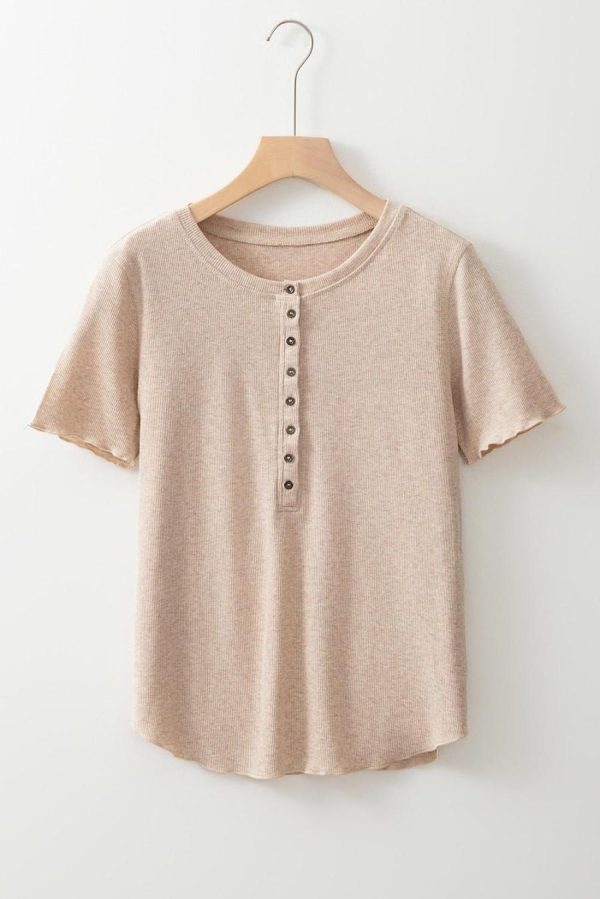 Women T Shirts | Oatmeal Short Sleeve Half Button Ribbed Top - Image 3