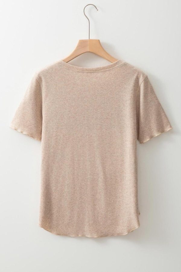 Women T Shirts | Oatmeal Short Sleeve Half Button Ribbed Top - Image 4